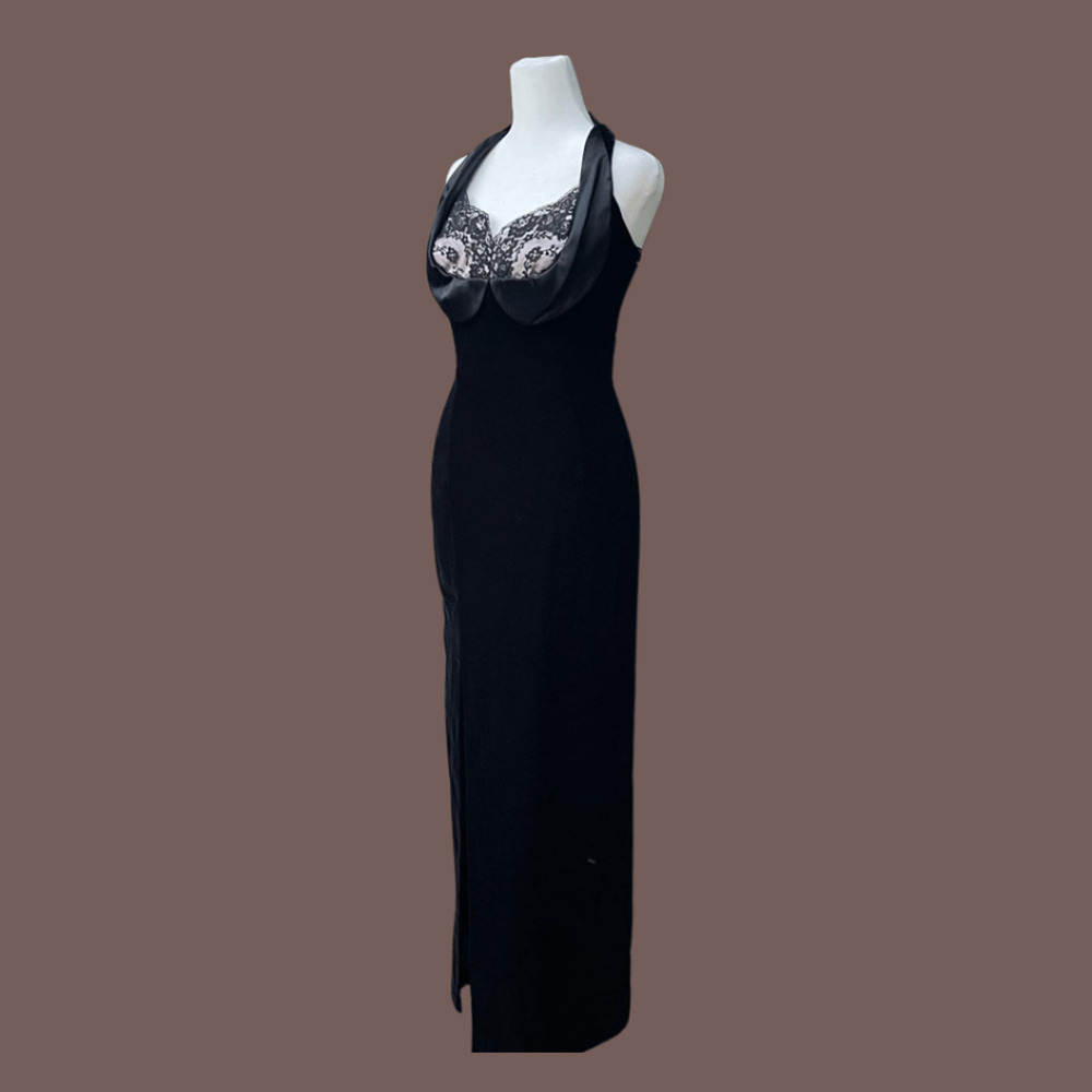Jessica McClintock Maxi Dress | Lace Black Halter | Size 7/8 | Vintage